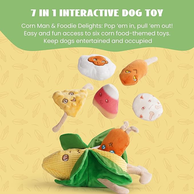Nocciola Squeaky Crinkle Corn Dog Toys: Plush Stuffed Yellow Pet Chew Toys for Small Medium Breeds Teething, Cute Interactive Cognitive Burrow Digging Hide and Seek Puzzle Puppy Supplies, 7 Packs