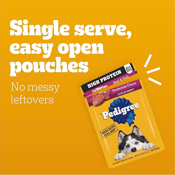 Pedigree High Protein Wet Dog Food Pouches, Beef and Pork Tenderloin Flavor Cuts in Gravy, 3.5 oz. Pouches, 16 Count
