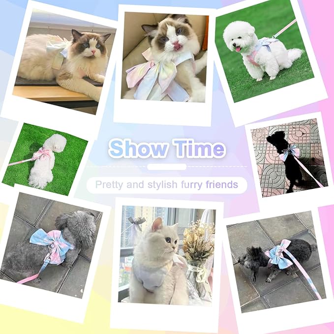 PETCARE Cute Bow Tie Dog Harness and Leash Set Elegant Rainbow Gradient Puppy Harness No Pull Soft Mesh Pet Cat Dog Vest Harnesses for Small Dogs Cats, Yellow