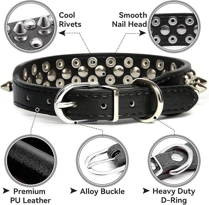 Spiked Dog Collar Soft Pu Leather Mushrooms Rivet Spike Studded Puppy Adjustable Pet Collars for Small Breeds (L, Light Blue Set)