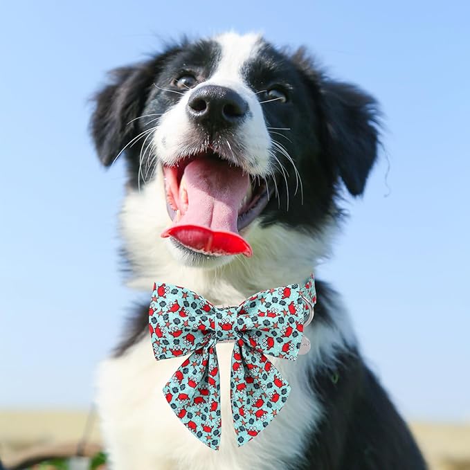 Summer Dog Collar with Bow Tie, Cute Crab Pattern Bowtie Dog Collar, Summer Bowtie Collar for Puppy Boy Girl Dog or Cat, Comfortable Blue Dog Collar with Metal Buckle, L