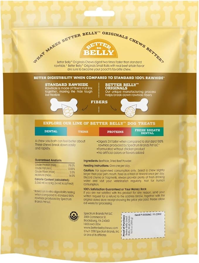 Better Belly Originals, Real Beef Sirloin Flavor, Small Rolls, Dog Chews, 20Count (P-50050NC)