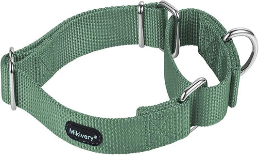 Mikivery Martingale Dog Collar Nylon Adjustable and Safety Training Metal Buckle Dogs Collars for Small Medium and Large Breed(Emerald,M)