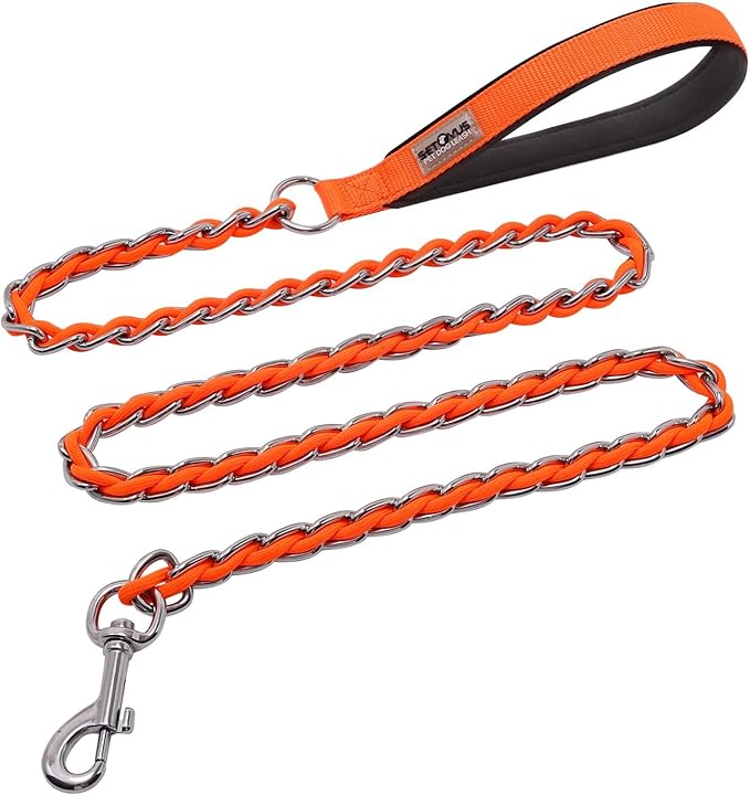 Dog Leash Chew Proof, Chain Leash Anti Chew Dog Leash for Large Dogs Heavy Duty, Indestructible Metal Leash Anti Bite Chain Link with Woven Cord Soft Padded Handle (Orange, 5FT)