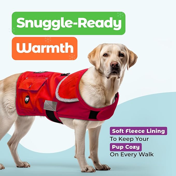 Joyride Harness FrostFlex Dog Winter Jacket - Fleece Lined & Water-Resistant - Snowsuit with Pockets for Treats & Poop Bags - Durable Cold Weather Dog Coat - Red Rush-XXL