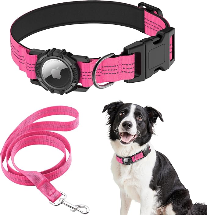 AirTag Dog Collar and Leash, IP68 Waterproof Integrated with Reflective, Ultra-Durable, Comfortable Padded, Heavy Duty Dog Collars for Small Medium Large Dogs, M (12.6"-17.1"), Pink