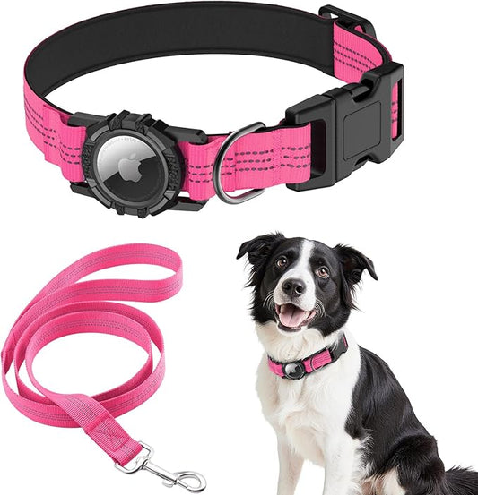 AirTag Dog Collar and Leash, IP68 Waterproof Integrated with Reflective, Ultra-Durable, Comfortable Padded, Heavy Duty Dog Collars for Small Medium Large Dogs, M (12.6"-17.1"), Pink