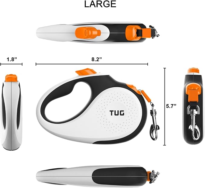 TUG 360° Tangle-Free Retractable Dog Leash with Anti-Slip Handle | 16 ft Strong Nylon Tape | One-Handed Brake, Pause, Lock (Large, White/Orange)
