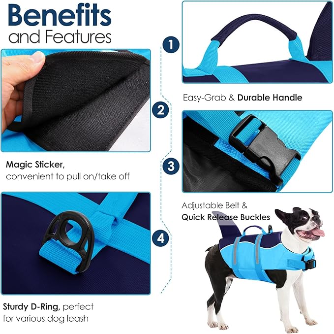 AOFITEE Dog Life Jacket, Shark Dog Life Vest for Swimming Boating, High Flotation Pet Lifesaver with Rescue Handle, Reflective French Bulldog Lifejacket, Life Jackets for Small Medium Large Dogs, M