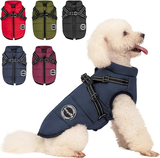 Warm Winter Coat, Cold Weather Jacket with Built-in Harness, Reflective & Adjustable Comfortable Pet Vest, Waterproof Windproof for Small Dogs (Navy)