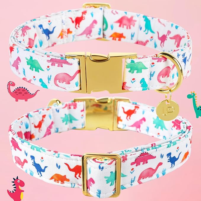 Dinosaur Summer Cotton Dog Collar with Metal Buckle Gift Collar for Small Medium Large Girls or Boys Dogs Cute Durable Comfortable Pet Collars