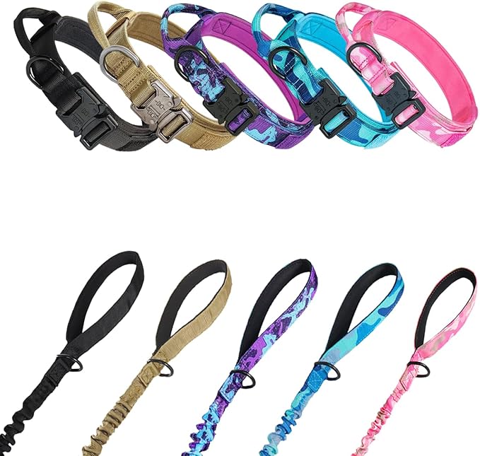 Hotsky Tactical Dog Collar and Leash Set, Heavy Duty Military Airtag Dog Collar with Handle and Metal Buckle for Training and Walking, with Airtag Holder and Two Patches (Purple Camo, XL)