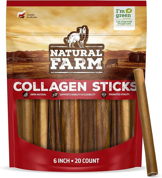 Natural Farm Collagen Sticks (6 Inch, 20 Pack). Odor-Free, 95% Natural Collagen Dog Chews, Supports Healthy Joints, Skin & Coat - Best Rawhide Alternative for Small & Medium Dogs