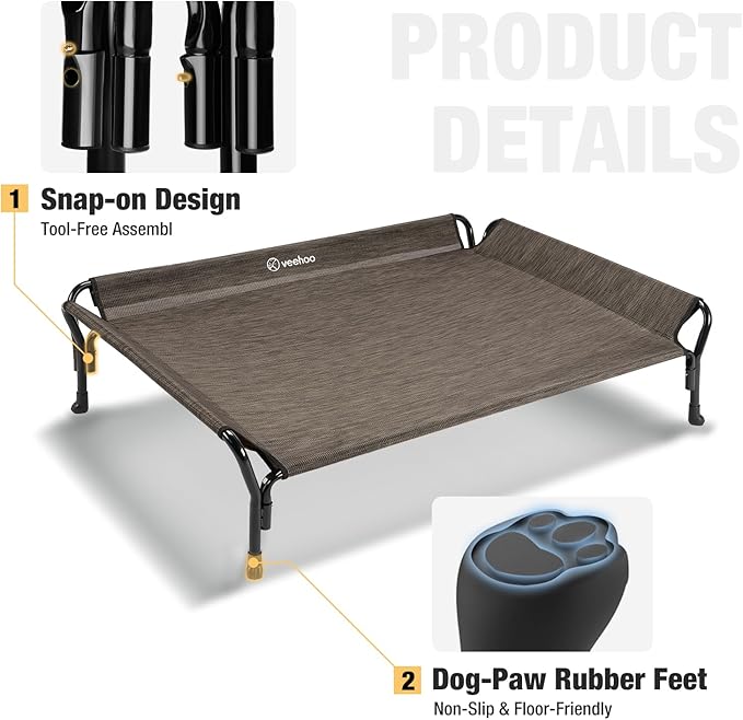 Veehoo Cooling Elevated Dog Bed, XL Raised Pet Cot with Guardrail & Slope Headrest, Durable Breathable Teslin Mesh, Non-Slip Feet, Washable Dog Couch Bed for Indoor & Outdoor, 50.5" x 33.5, Brown