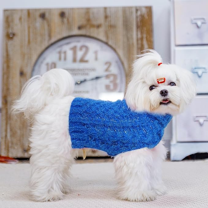 Turtleneck Small Dog Sweaters - Classic Cable Knitwear Winter Coat for Small Medium Dogs Male Female Puppy Dog Cold Weather Clothes Girls Boys, Blue, S/M