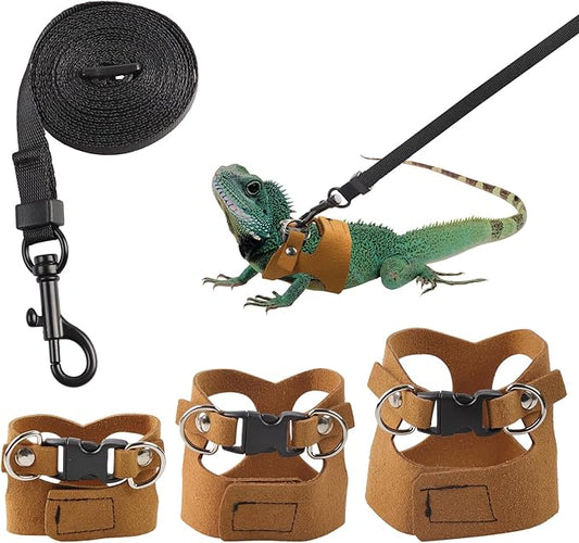 3 Pack Bearded Dragon Harness and Leash, Adjustable Leash and Harness Set with Traction Rope for Lizards and Other Small Reptiles (3 Sizes)