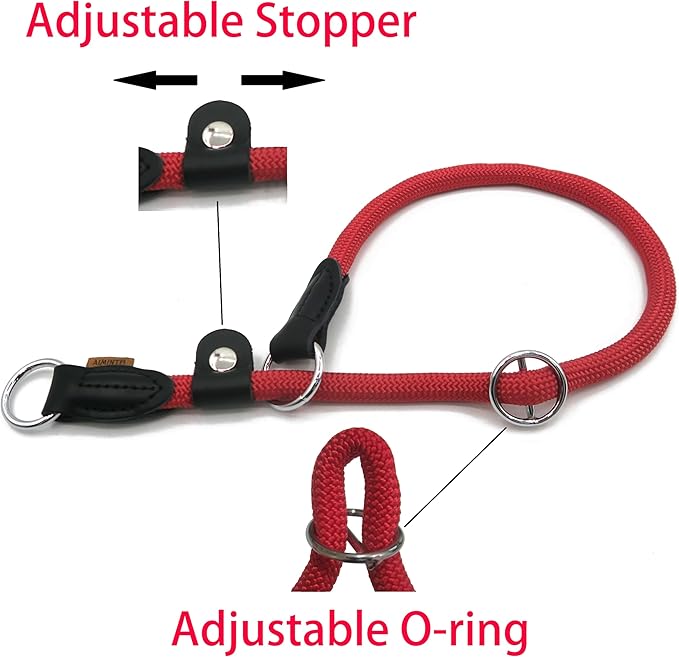 Braided Round Martingale Dog Collar, Training Collar with Slidable Stop Ring and Adjustable Stopper - Ideal for Extra Large Dogs (XL(1/2") - 24" Long, Red)