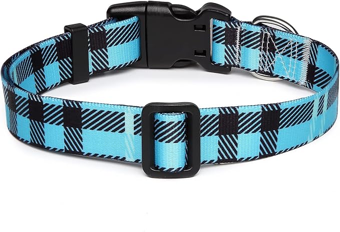 Adjustable Dog Collar with Patterns, Ultra Comfy Soft Nylon Breathable Pet Collar for Small Medium Large Dogs (S, Blue Plaid)