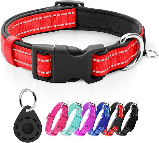azuza Reflective Dog Collar with Airtag Holder, Soft Neoprene Padded Pet Collar with ID Tag Ring, Adjustable for Large Dogs,Red,L