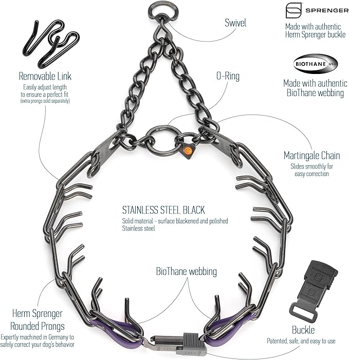 Herm Sprenger Black Stainless Steel Dog Collar with Quick Release ClicLock Buckle and Biothane Insert Training Collar Made in Germany (Violet Purple, 25in x 4.0mm(Neck Size up to21-22in))