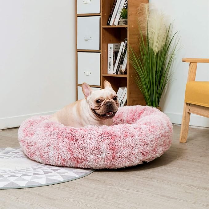 Coohom Oval Calming Donut Cuddler Dog Bed,Shag Faux Fur Cat Bed Washable Round Pillow Pet Bed(30"/36"/43") for Small Medium Dogs (XL(36"x27"x7"), Red)