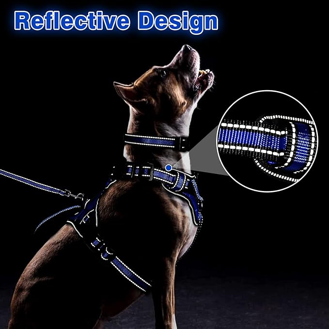 WINSEE Pet Harness Collar and Leash Set, All-in-one Reflective Dog Harness No Pull with Adjustable Buckles for Puppies, Small, Medium, Large, and Extra-Large Dogs (Medium, Dark Blue)