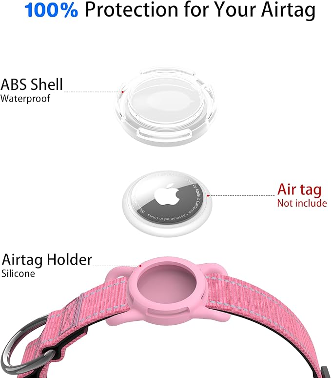 Dog Collar with QR Code, Reflective Dog Collar, Soft Neoprene Padded & Safety Locking Buckle Adjustable Pet Collar (Pink, L-with Airtag Holder)