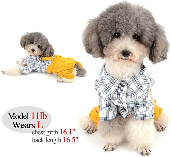 Dog Shirts Clothes Striped Onesies, Pet Plaid Overalls Apparel, Puppy Costumes Classic Black and White Jumpsuit with Bowtie for Small Medium Dogs Cats Boy Girl Wedding/Party (Large, Yellow)