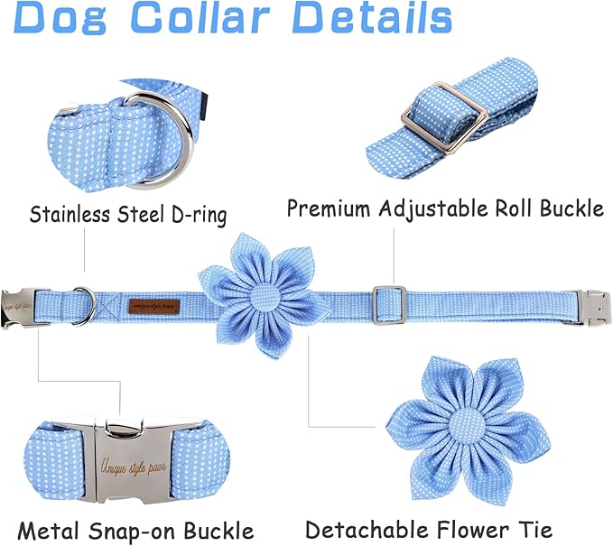 Unique style paws Dog Collar with Flower Tie Blue Dot Summer Dog Collar for Small Medium Large Dogs with Adjustable Metal Buckle -XS