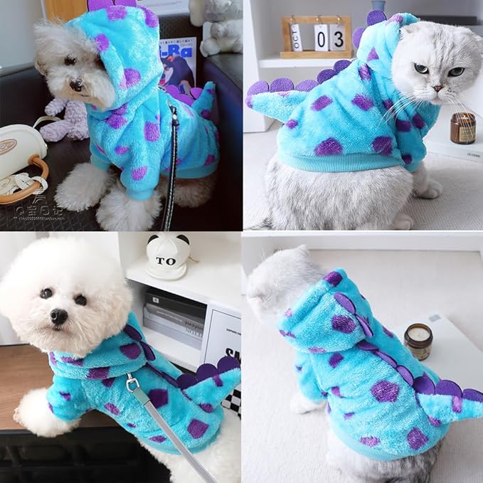 Dinosaur Dog Clothes for Small Dog Girl Boy,Fleece Winter Puppy Hoodies with Leash Ring,Cold Weather Coat for Cat,Funny Dog Dinosaur Costume for Christmas Halloween. (Blue-2, Large)