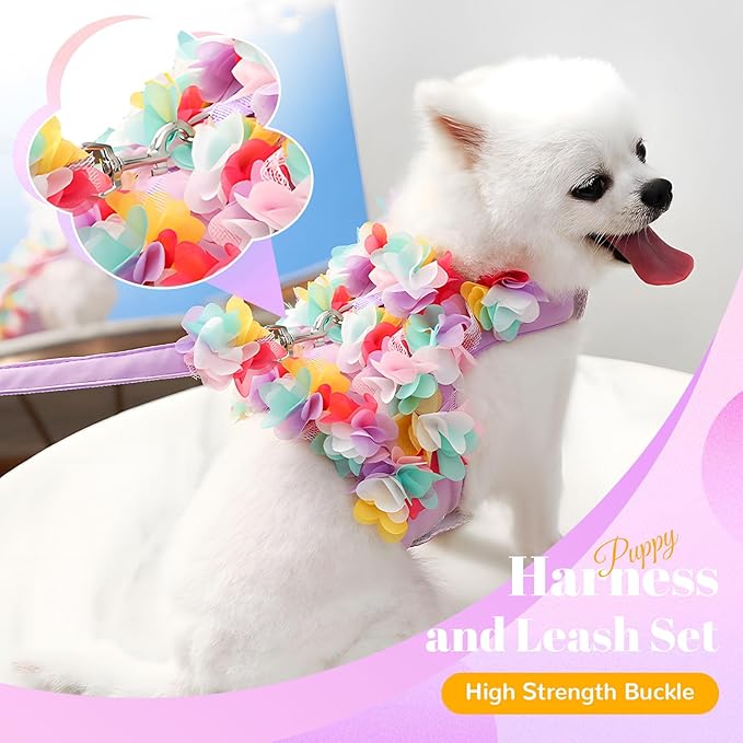 Cute Dog & Cat Harness Set - Purple Lace Floral Girl Puppy Harness - Soft Mesh, Escape Proof, Small Sizes