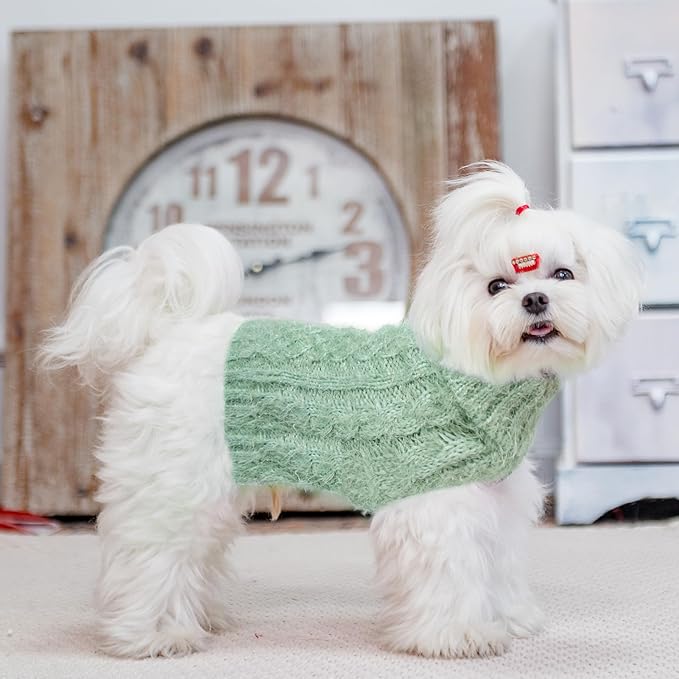 Turtleneck Small Dog Sweaters - Classic Cable Knitwear Winter Coat for Small Medium Dogs Male Female Puppy Dog Cold Weather Clothes Girls Boys, Green, S/M