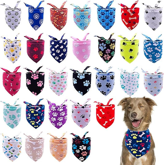 30Pcs Paw Print Dog Bandanas Bulk for Small Medium Pets Adjustable Cat Scarves Daily Birthday Party Wedding Holiday Bone Yorkie Triangle Bibs Scarf for Girl Boy Grooming Accessories