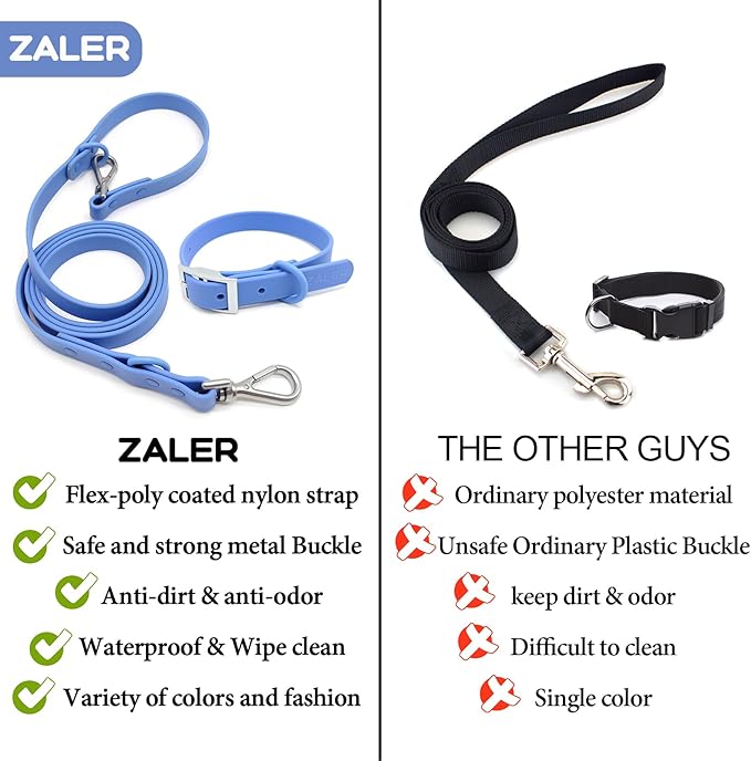 ZALER Dog Collar and Leash Set, Waterproof Adjustable Odor Proof Pet Collars Leashes Easy to Clean, 6FT Dog Leash with 2 Hooks for Large, Medium Small Dogs (XL, Blue)