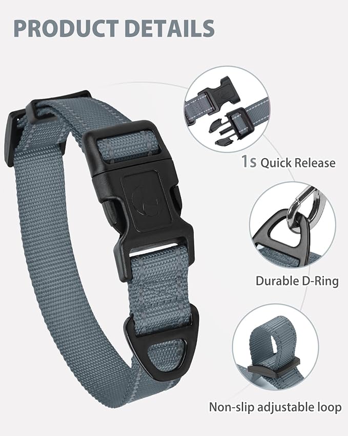 Joytale Small Dog Collar, Reflective and Adjustable Nylon Collar with Quick-Release Buckle, Lightweight No-Choke Design for Small Dogs, Gray, 5/8" Width