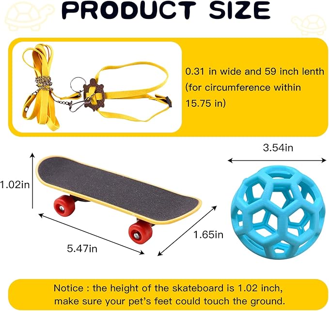 Tortoise Treat Ball, Adjustable Leash and Training Skateboard Toy Set, Turtle Feeder Ball, Turtle Training Harness and Mini Skateboard,for Small Pets, Accessories Set for Tortoises