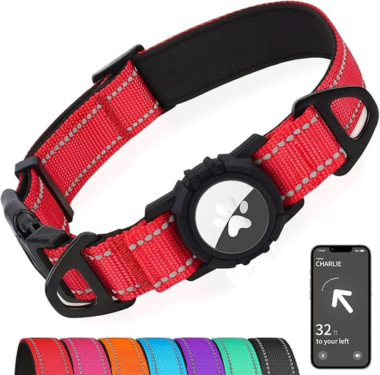 Joytale Airtag Dog Collar, Dual D-Rings, Reflective Pet Collar with Waterproof AirTag Holder, Soft Padded Adjustable for Small Dogs, Red, S