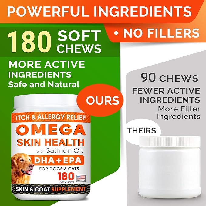 STRELLALAB Omega 3 for Dogs - (540Ct) Fish Oil Treats - Allergy & Itch Relief Skin&Coat Supplement - Dry Itchy Skin, Shedding, Hot Spots Treatment, Anti Itch - Pet Salmon Oil Chews - Chicken