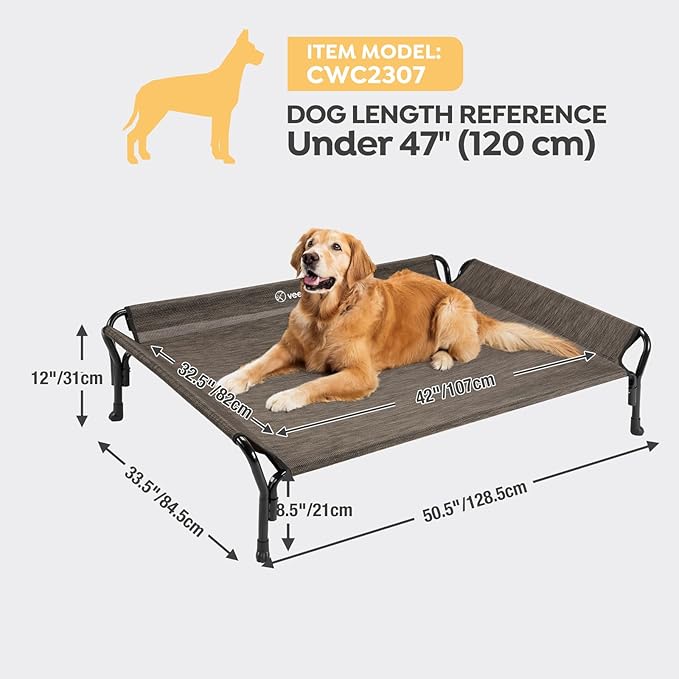 Veehoo Cooling Elevated Dog Bed, XL Raised Pet Cot with Guardrail & Slope Headrest, Durable Breathable Teslin Mesh, Non-Slip Feet, Washable Dog Couch Bed for Indoor & Outdoor, 50.5" x 33.5, Brown