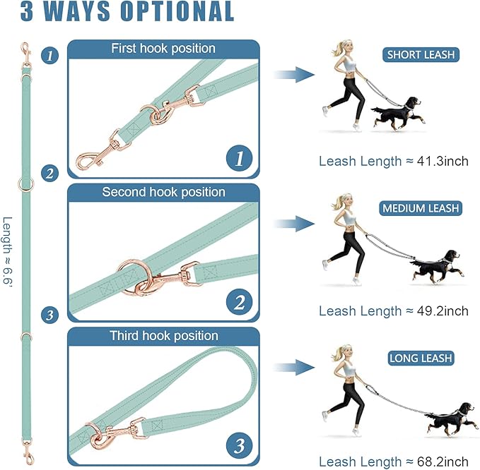 Soft Leather Dog Collar and Leash (6.6') Set - Stylish Rose Gold Heavy Duty Metal Buckle, 4 Adjustable Lengths Leash for Small Medium Large Dogs - Comfortable & Easy to Clean Mint Green M(13.8"-19.7")