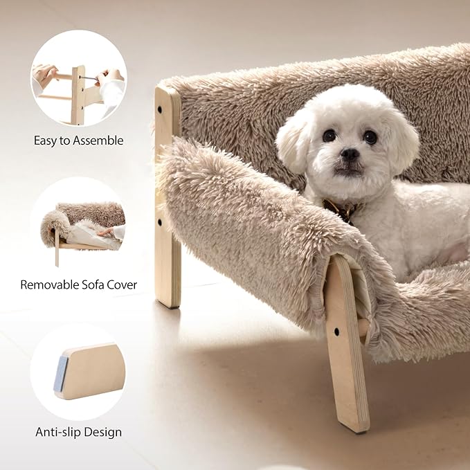 MEWOOFUN Cat Couch Bed, Pet Sofa for Indoor Cats Wooden Indoor Elevated Cat Beds with Removable Mattress Cover Suitable for Kitty, Puppy or Small Animal (Brown, Large)
