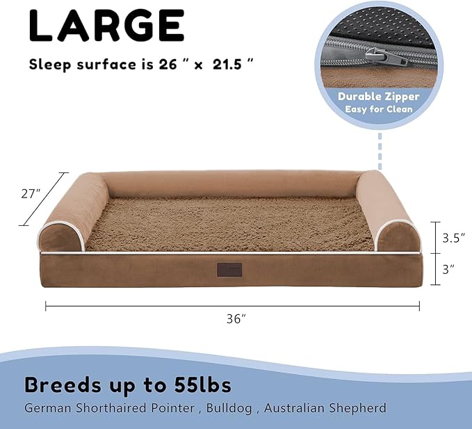 WESTERN HOME Orthopedic Dog Beds for Large Dogs, Foam Pet Sofa with Waterproof Lining, Removable Washable Cover and Nonskid Bottom, Dog Couch Bed for Comfortable Sleep,Brown Coffee