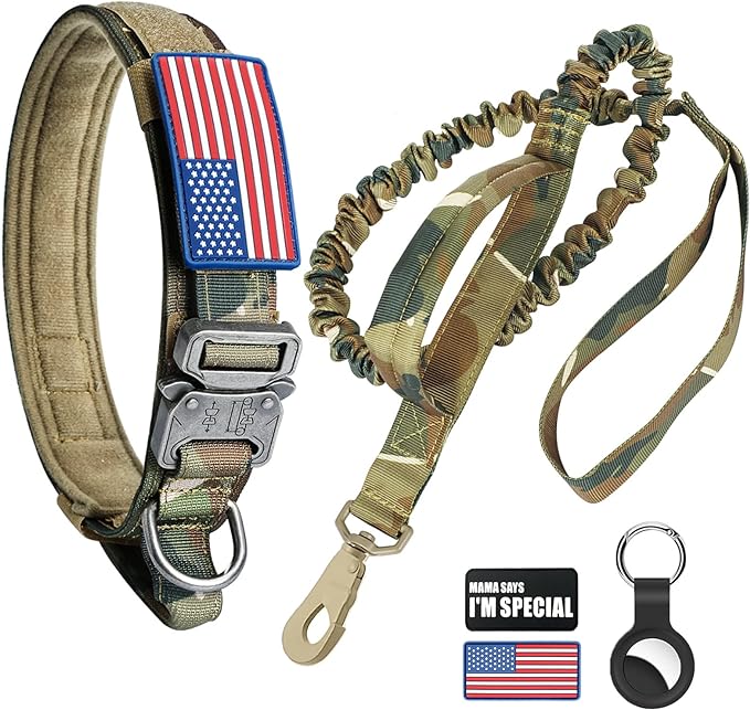 Tactical Dog Collar and Bungee Leash, Camo Military Dog Collar & Leash Set with USA American Flag Adjustable K9 Collar with Heavy Duty Metal Buckle & Handle,with Patches and Airtags Case (XL, Camo)
