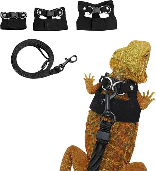 Bearded Dragon Harness and Leash Set, Adjustable Harness Soft Leather-3 Sizes (S, M, L) with Leash, Lizard Reptile Traction Rope Walking Vest Accessories for Bearded Dragon, Iguana or Gecko (Black)