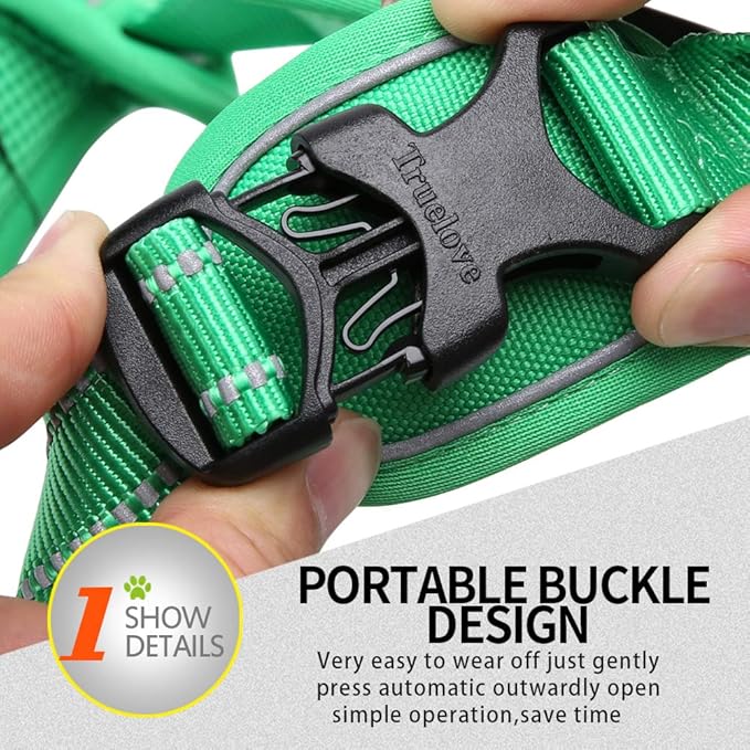 Truelove Soft Front Dog Harness .Reflective No Pull Harness with Handle and 2 Leash Attachments Grass Green