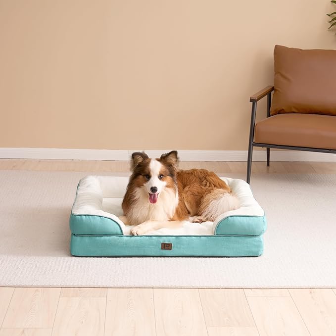 EHEYCIGA Orthopedic Dog Beds for Extra Large Dogs, Waterproof Memory Foam XXL Dog Bed with Sides, Non-Slip Bottom and Egg-Crate Foam Big Pet Couch Bed with Washable Removable Cover, Turquoise Blue