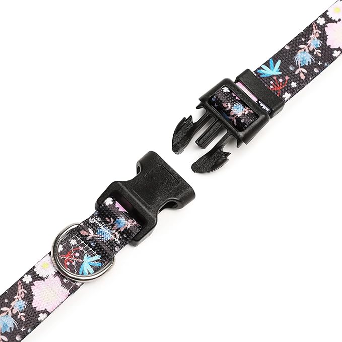 Adjustable Dog Collar with Patterns, Ultra Comfy Soft Nylon Breathable Pet Collar for Small Medium Large Dogs (L, Light Pink Flower)