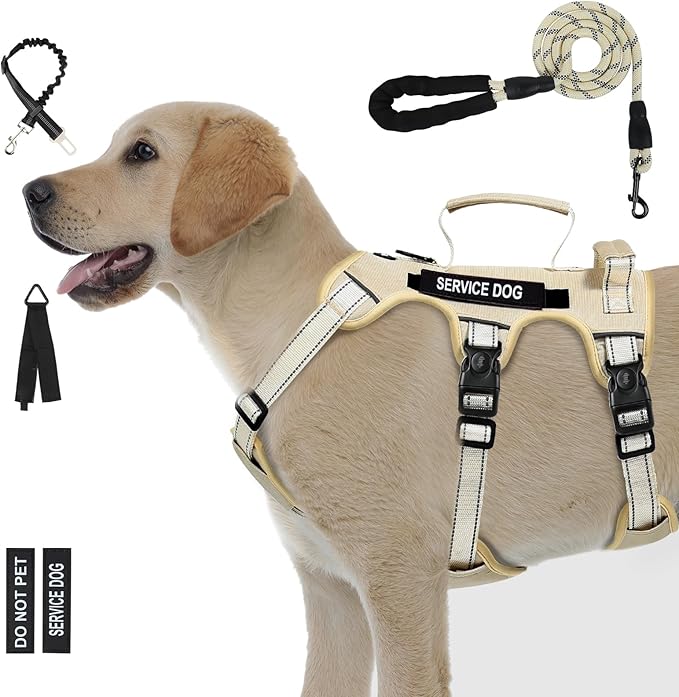 Escape Proof Dog Harness for Large Medium Sized Dogs Six Point Adjustable, Service Dog Vest Harness and Leash Set, No Pull Dogs Harnesses with Handle, Medium Dog Harnesses for Walking(Beige, M)