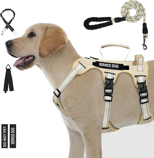 Escape Proof Dog Harness for Large Medium Sized Dogs Six Point Adjustable, Service Dog Vest Harness and Leash Set, No Pull Dogs Harnesses with Handle, Medium Dog Harnesses for Walking(Beige, M)