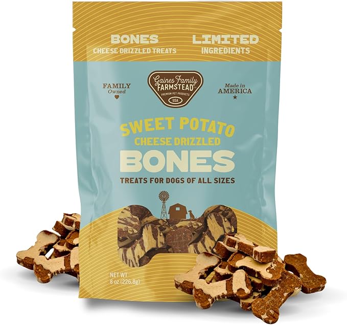 Gaines Family Farmstead Cheese Drizzled Sweet Potato Dog Bones - 8 oz Grain-Free, All-Natural Dog Treats for Digestion, Skin, Energy & Immunity – Limited Ingredient, Made in USA